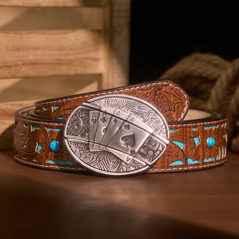 Men's DIY Poker 4 Ace Hidden Folding Knife Leather Belt - Poker 4 Ace - Turquoise Carved Belt - 42 - image 5