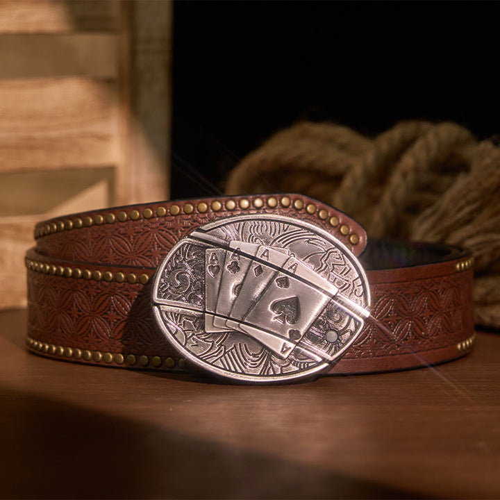 Men's DIY Poker 4 Ace Hidden Folding Knife Leather Belt - Poker 4 Ace - Brown Rivet Belt - 42 - image 7