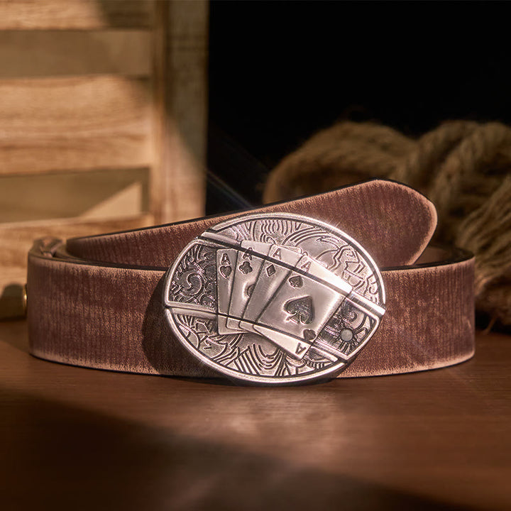 Men's DIY Poker 4 Ace Hidden Folding Knife Leather Belt - Poker 4 Ace - Brown Distressed Belt - 42 - image 8