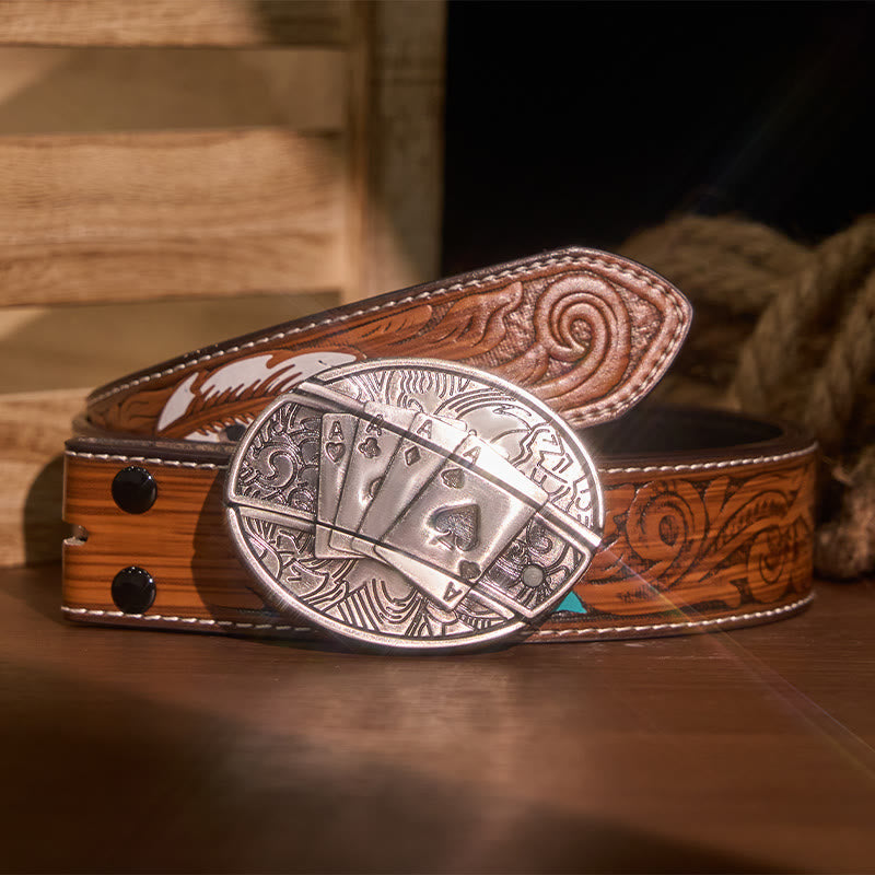Men's DIY Poker 4 Ace Hidden Folding Knife Leather Belt - Poker 4 Ace - Brown Feather Belt - 40 - image 9