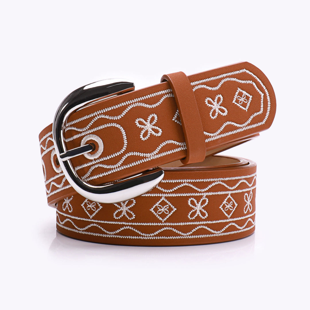 Old West Embroidered Pattern Retro Leather Belt - Brown - 38 - image 0