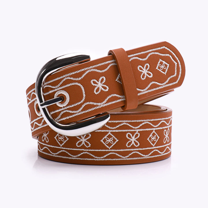 Old West Embroidered Pattern Retro Leather Belt - Brown - 38 - image 0