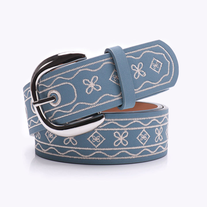 Old West Embroidered Pattern Retro Leather Belt - Blue - 38 - image 4