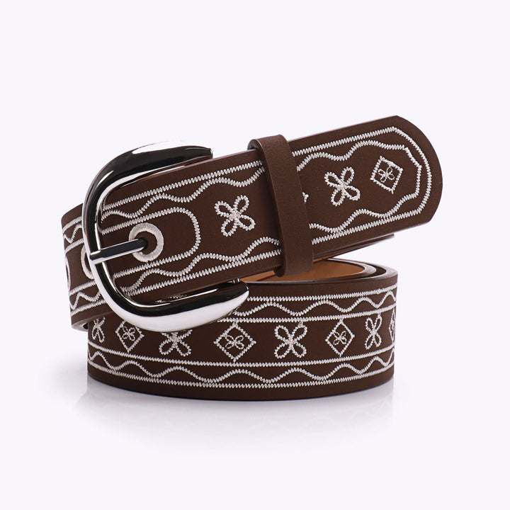 Old West Embroidered Pattern Retro Leather Belt - Coffee - 38 - image 1