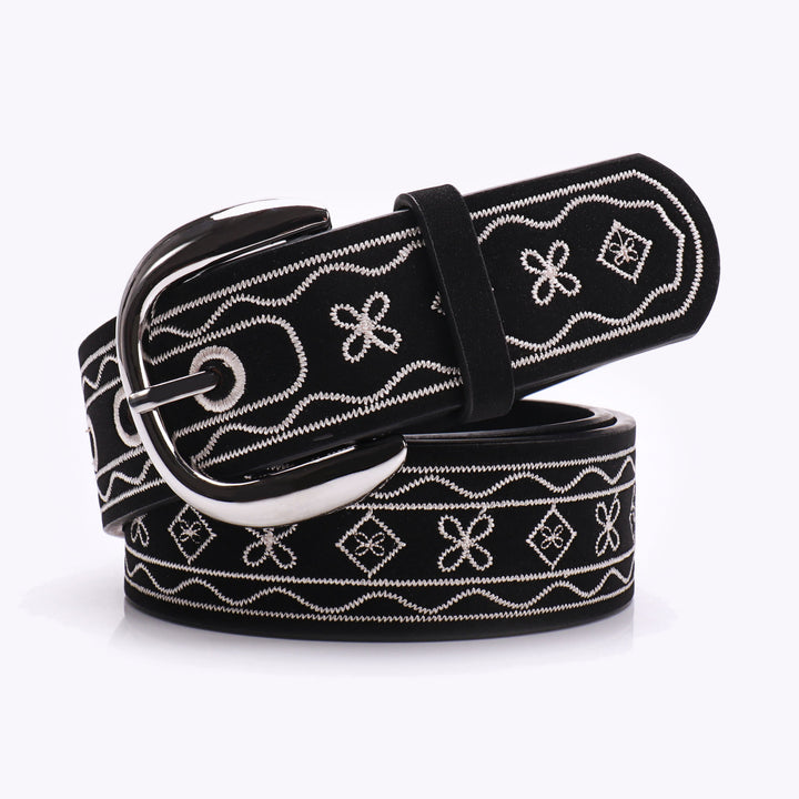 Old West Embroidered Pattern Retro Leather Belt - Black - 38 - image 3