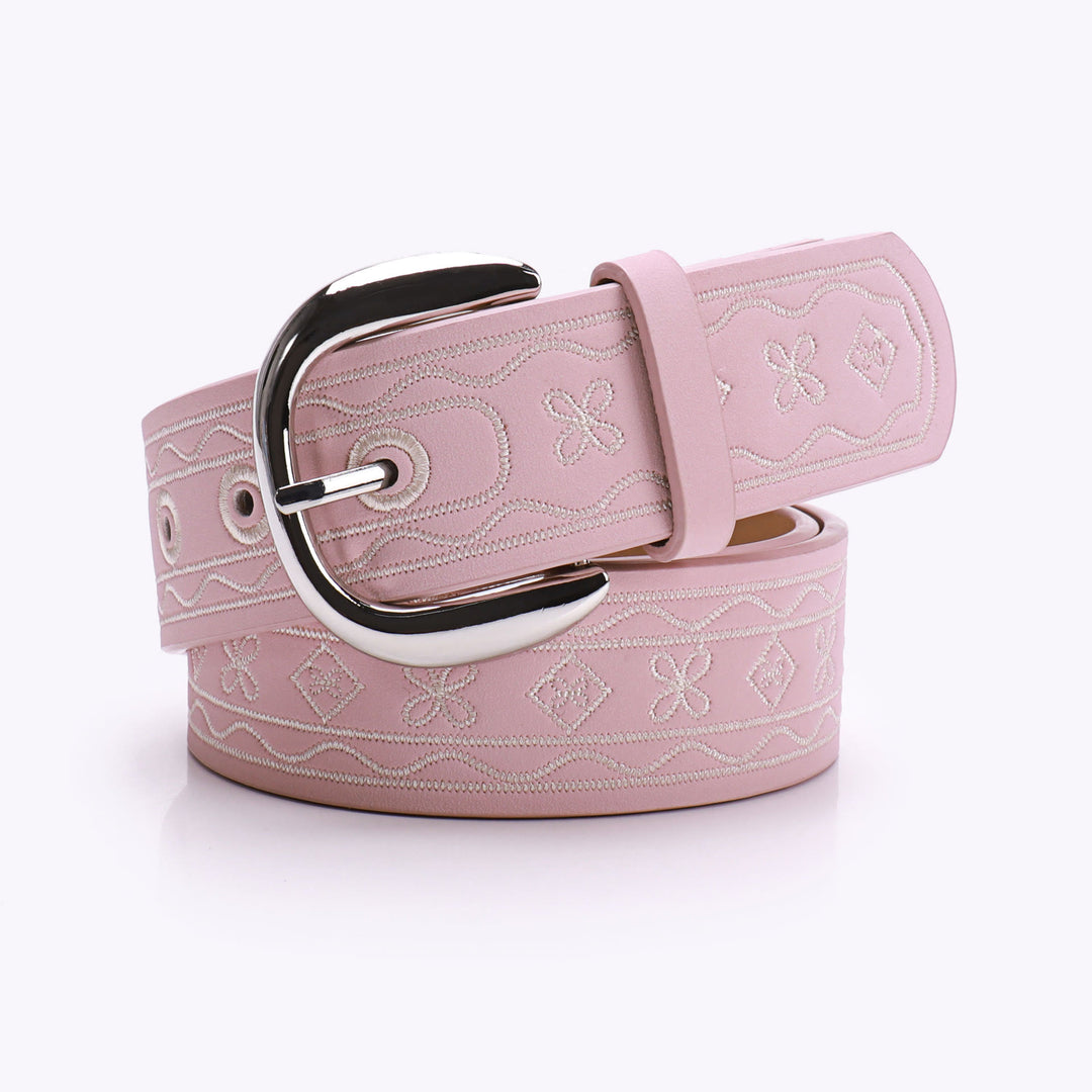 Old West Embroidered Pattern Retro Leather Belt - Pink - 38 - image 2