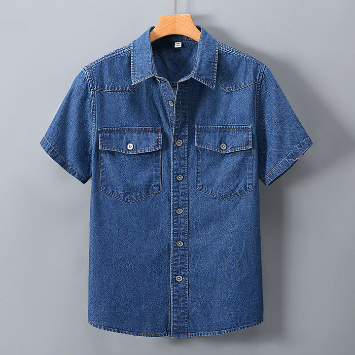 Men's Classic Retro Double Pockets Denim Shirt - Dark Blue - 3XL - image 1