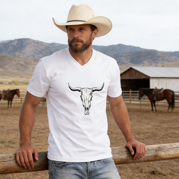 Men's Western Style Bullhead Print V-neck T-Shirt - White - 3XL - image 0