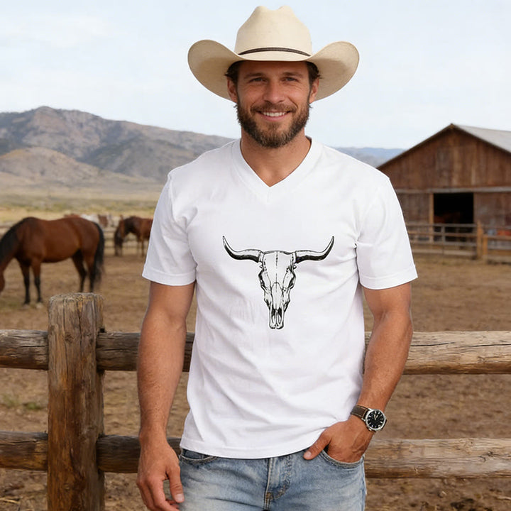Men's Western Style Bullhead Print V-neck T-Shirt - image 1