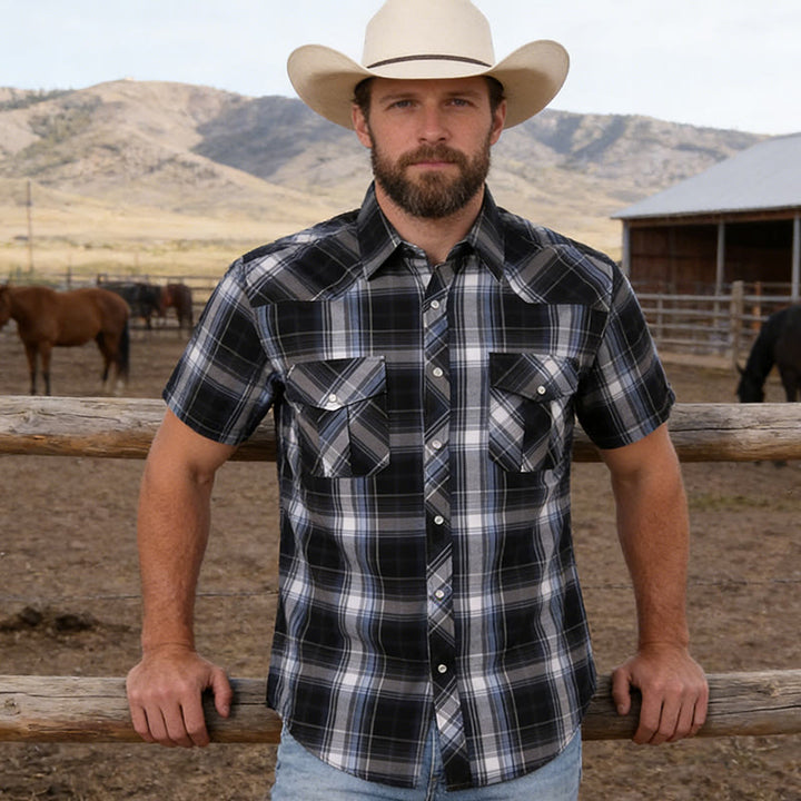 Men's Western Style Black And White Checkered Cowboy Shirt - image 1