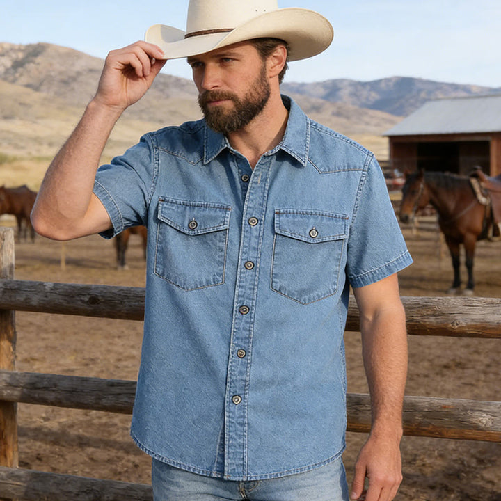 Men's Classic Retro Double Pockets Denim Shirt - image 6
