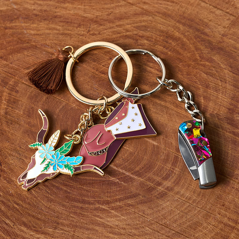 Western Flower Bullhead Multi Element Pendant Folding Knife Keychain - image 2