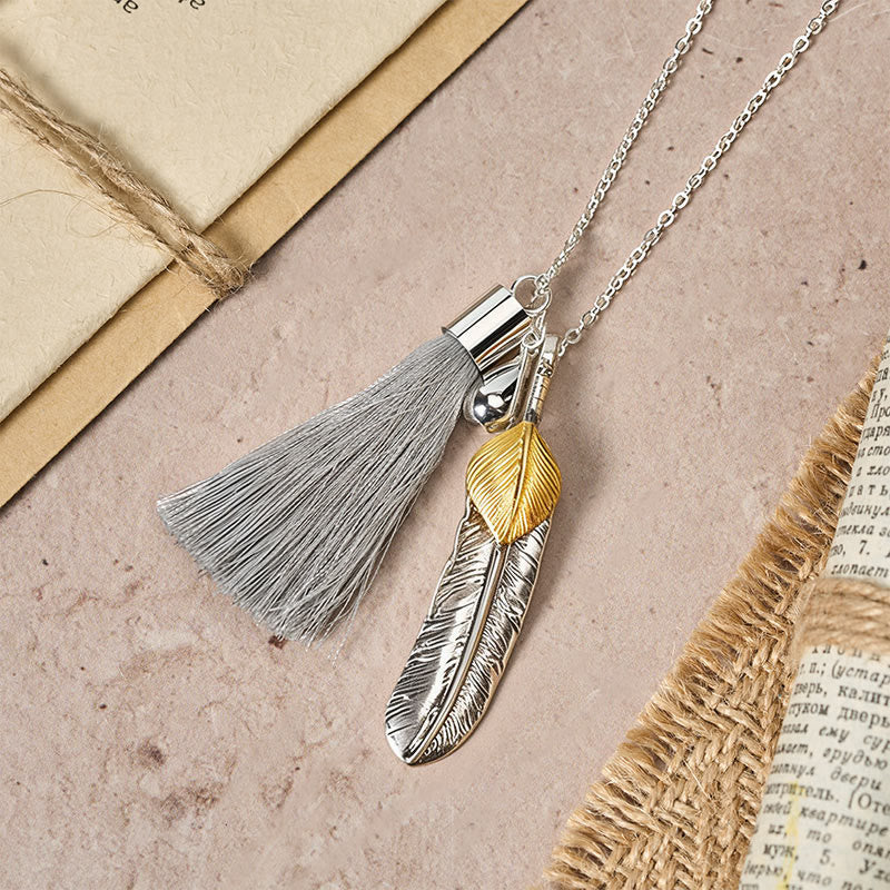 Vintage Bohemian Style Silver Feather Tassel Necklace - image 2