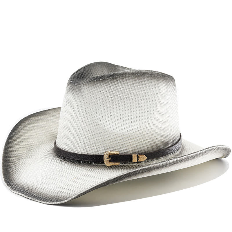 Retro Gradient Straw Belted Wide Brim Cowboy Hat - White - M (22"-22 7/8") - image 1
