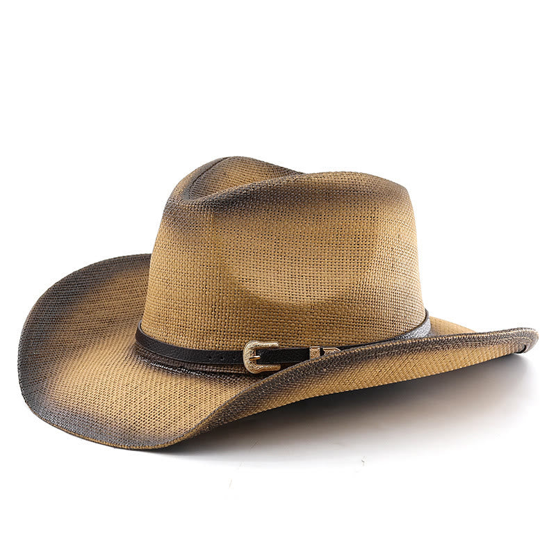 Retro Gradient Straw Belted Wide Brim Cowboy Hat - Khaki - M (22"-22 7/8") - image 0