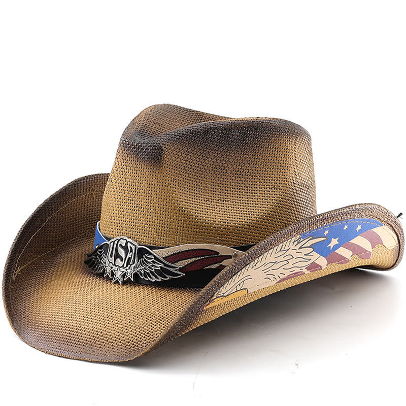 Men's USA Eagle Emblem Straw Western Cowboy Hat - Khaki - M (22"-22 7/8") - image 0