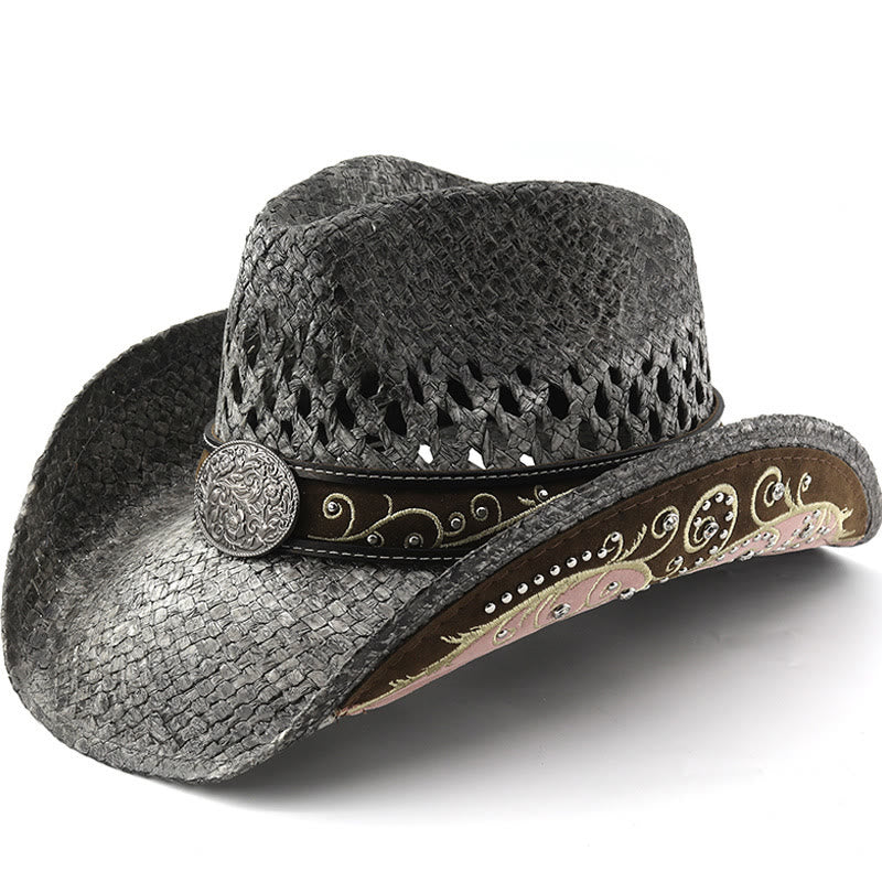Curved Brim Straw Western Cowboy Sun Hat - Black - M (22"-22 7/8") - image 0