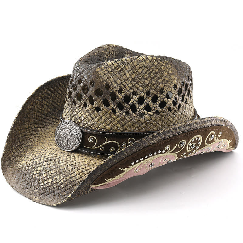 Curved Brim Straw Western Cowboy Sun Hat - Khaki - M (22"-22 7/8") - image 2
