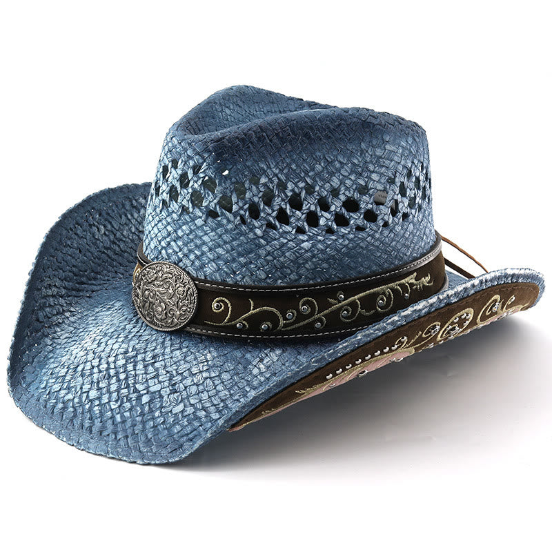 Curved Brim Straw Western Cowboy Sun Hat - Blue - M (22"-22 7/8") - image 9