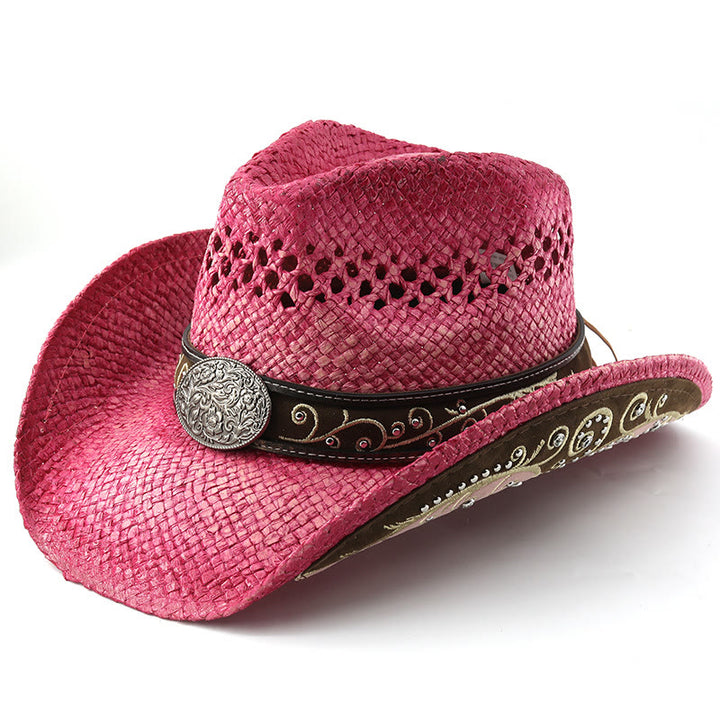 Curved Brim Straw Western Cowboy Sun Hat - Rose - M (22"-22 7/8") - image 6