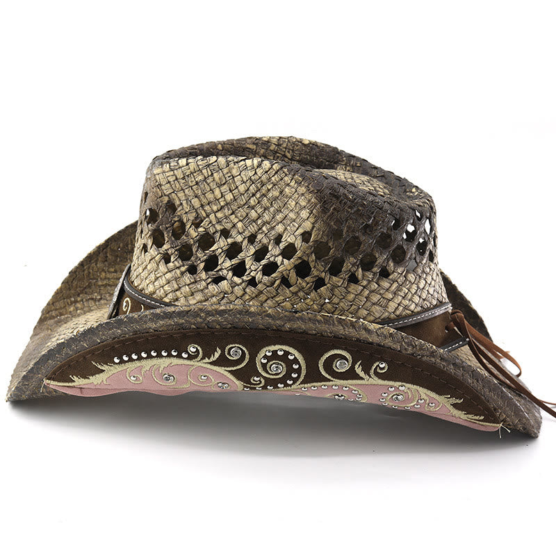 Curved Brim Straw Western Cowboy Sun Hat - image 3
