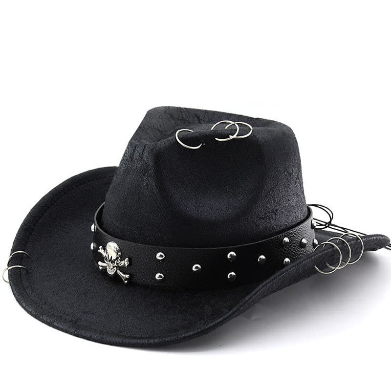 Party Skull Decor Unisex PU Leather Cowboy Hat - Black - M (22"-22 7/8") - image 0