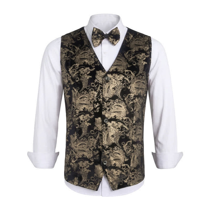 Men's Elegant Paisley Hot Stamped Pattern V-neck Vest With Bow Tie - Golden - 3XL - image 11