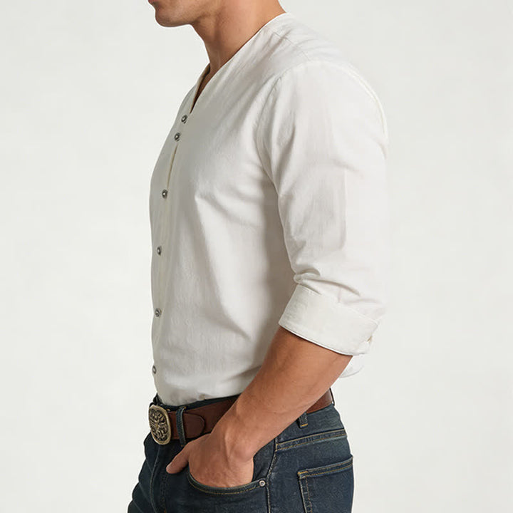 Men's Retro Henry Collar Breathable Solid Color Shirt - image 2