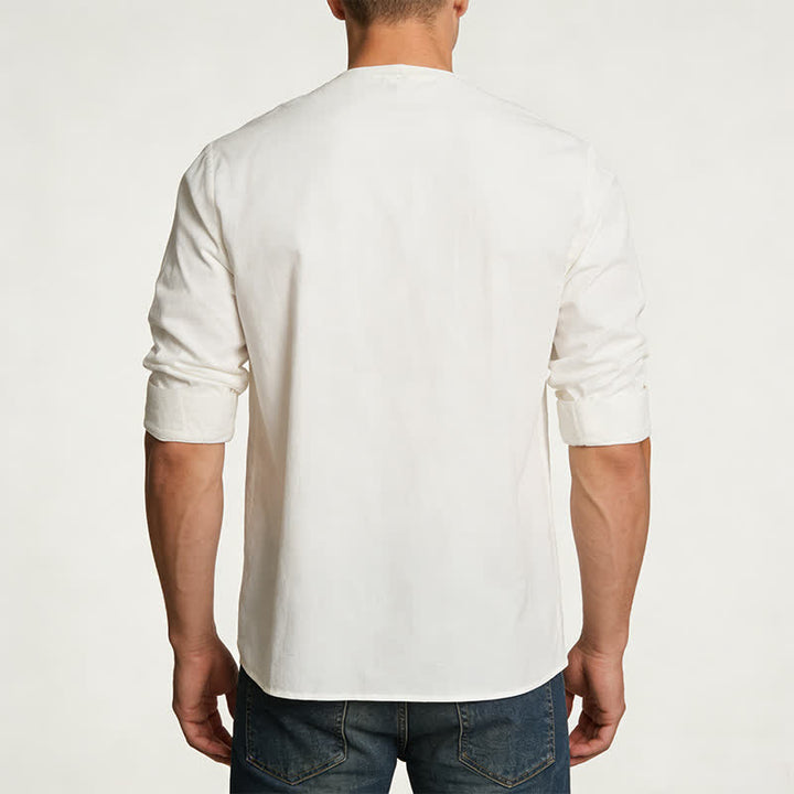 Men's Retro Henry Collar Breathable Solid Color Shirt - image 3