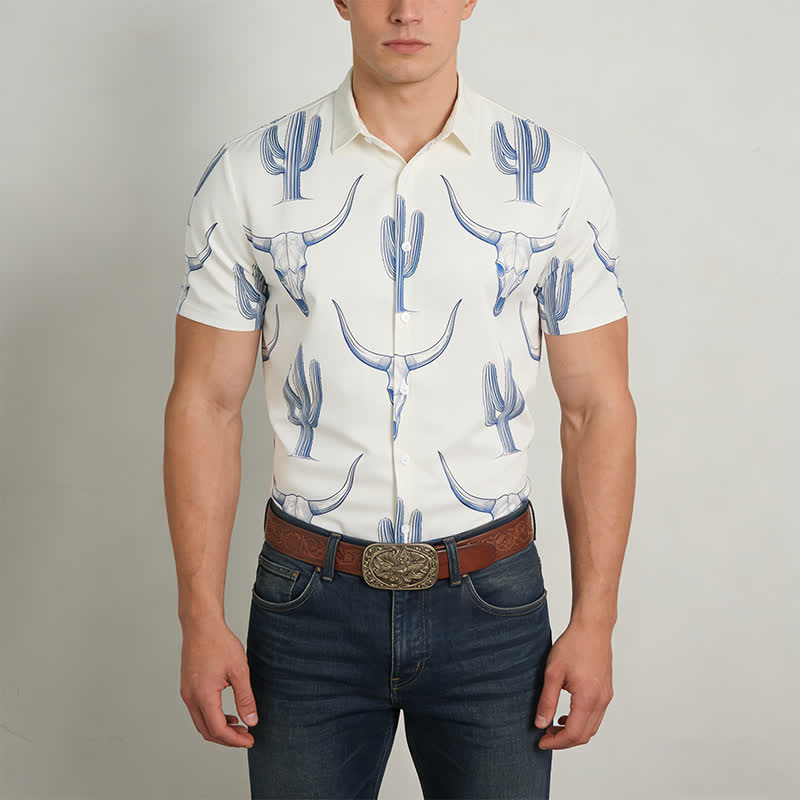 Western Ranch Style Bullhead Cactus Print Short Sleeved Shirt - image 1