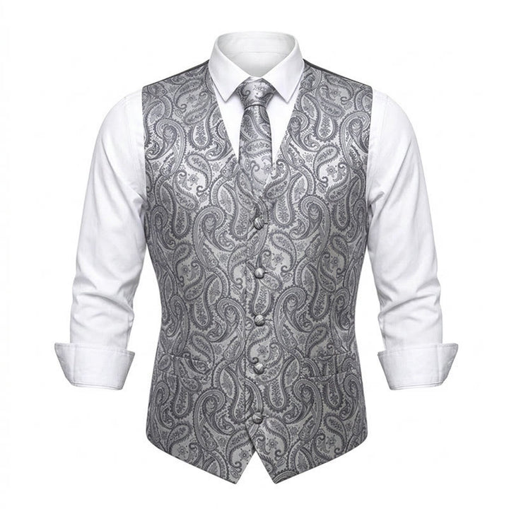 3Pcs Men's Fashion Jacquard Paisley Pattern Vest Set - Silver - 3XL - image 5