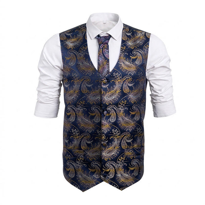3Pcs Men's Retro Paisley Pattern Dress Vest Set - Navy Blue - 2XL - image 7