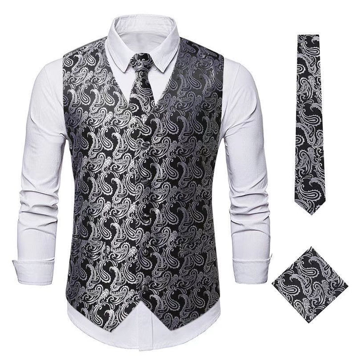 3Pcs Men's Elegant Paisley Jacquard Suit Vest Set - Black Silver - 3XL - image 10