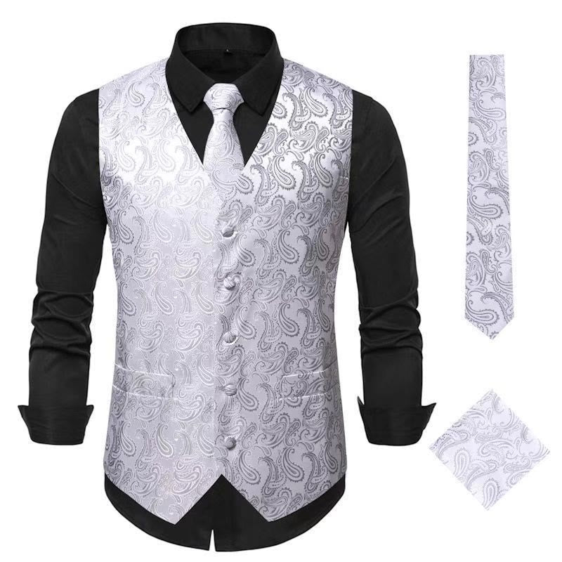3Pcs Men's Elegant Paisley Jacquard Suit Vest Set - Silver - 3XL - image 9