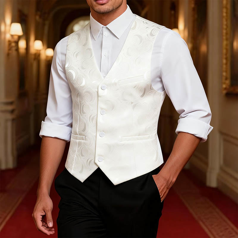 Men's Elegant Paisley Jacquard Three Pockets White Vest - image 1