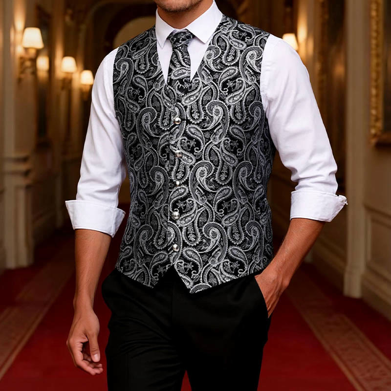 3Pcs Men's Fashion Jacquard Paisley Pattern Vest Set - image 1