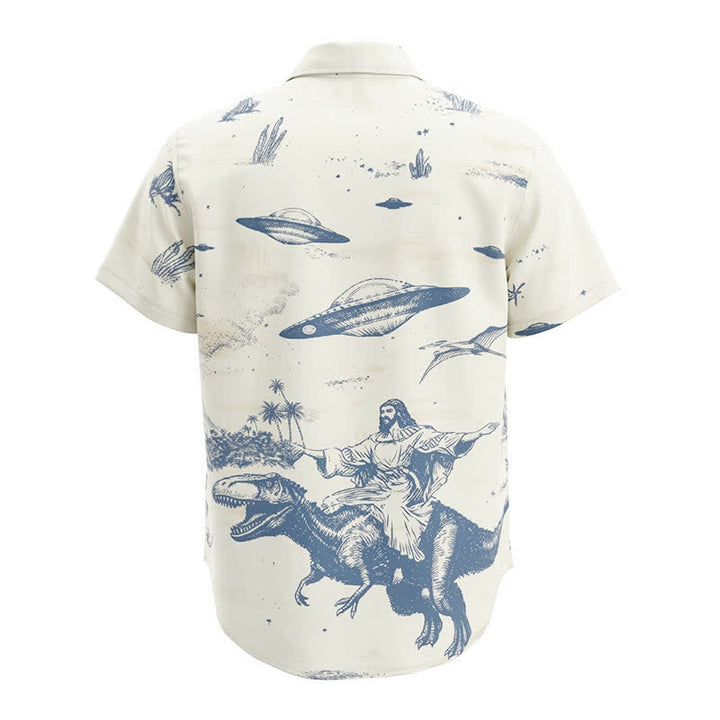 Men's Surreal Dinosaur Riding & UFO Desert Sketch Print Western Shirt - image 8