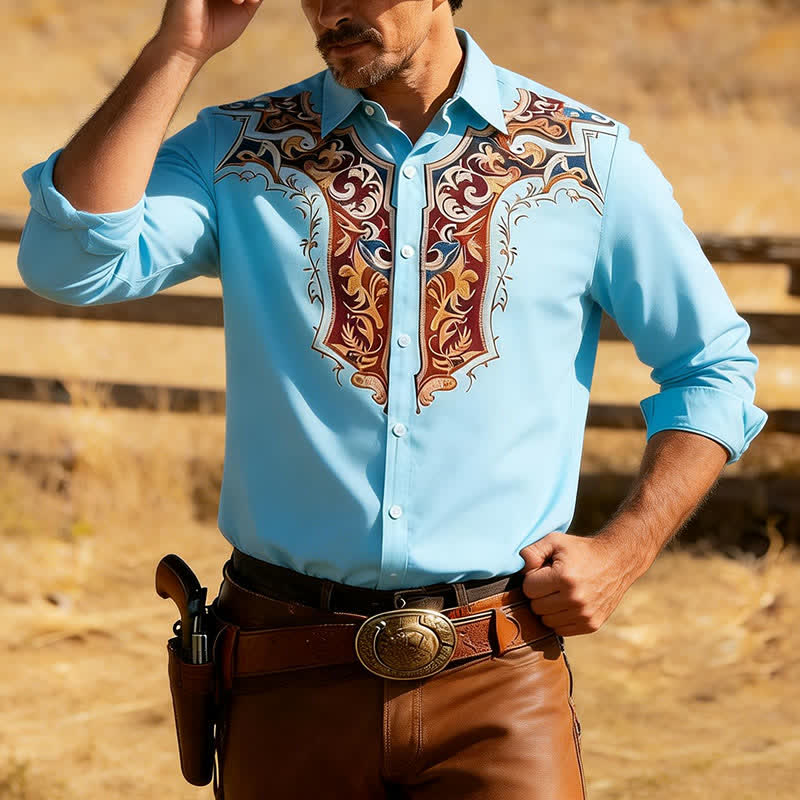 Men's Traditional Cowboy Style 3D Printed Shirt - Sky Blue - 3XL - image 6