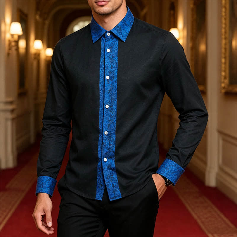 Men's Black Blue Paisley Pattern Contrast Collar Dress Shirt - image 1