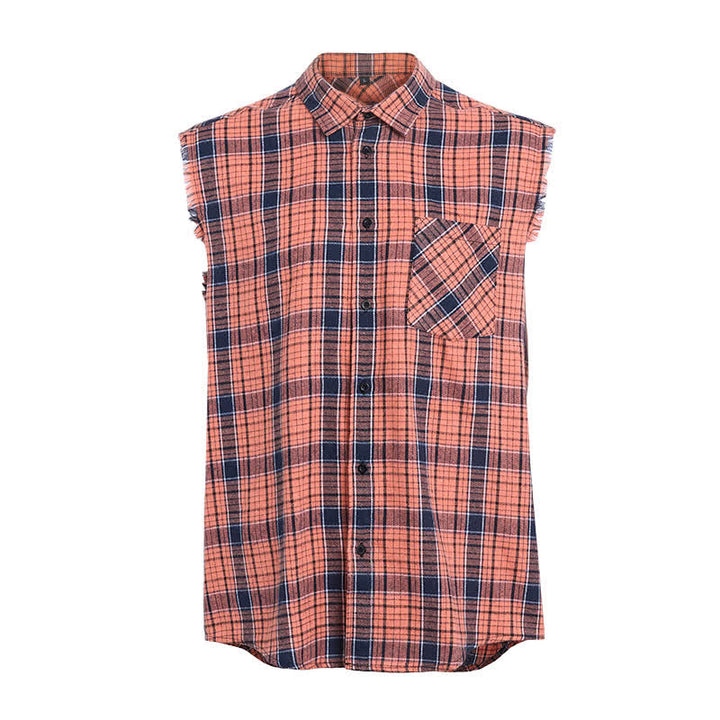 Men's Orange & Black Plaid Pattern Sleeveless Shirt Vest - image 8