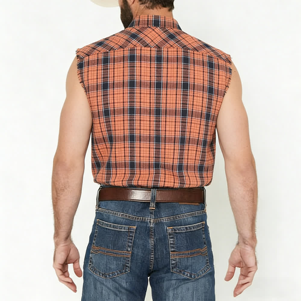 Men's Orange & Black Plaid Pattern Sleeveless Shirt Vest - image 2