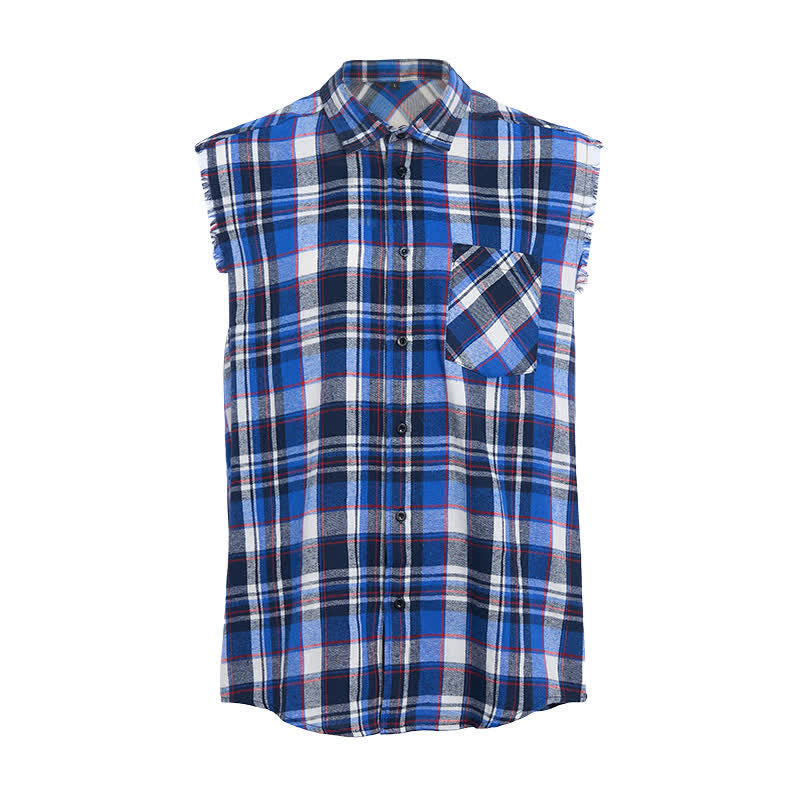 Men's Frayed Western Blue & White Plaid Sleeveless Shirt Vest - image 8