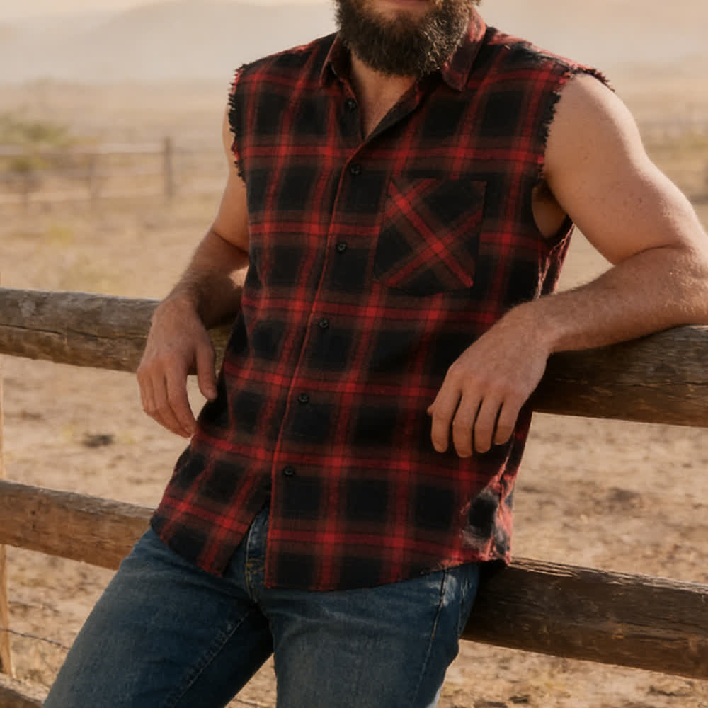 Men's Western Vibe Checkered Pattern Sleeveless Shirt Vest - Red - 3XL - image 4