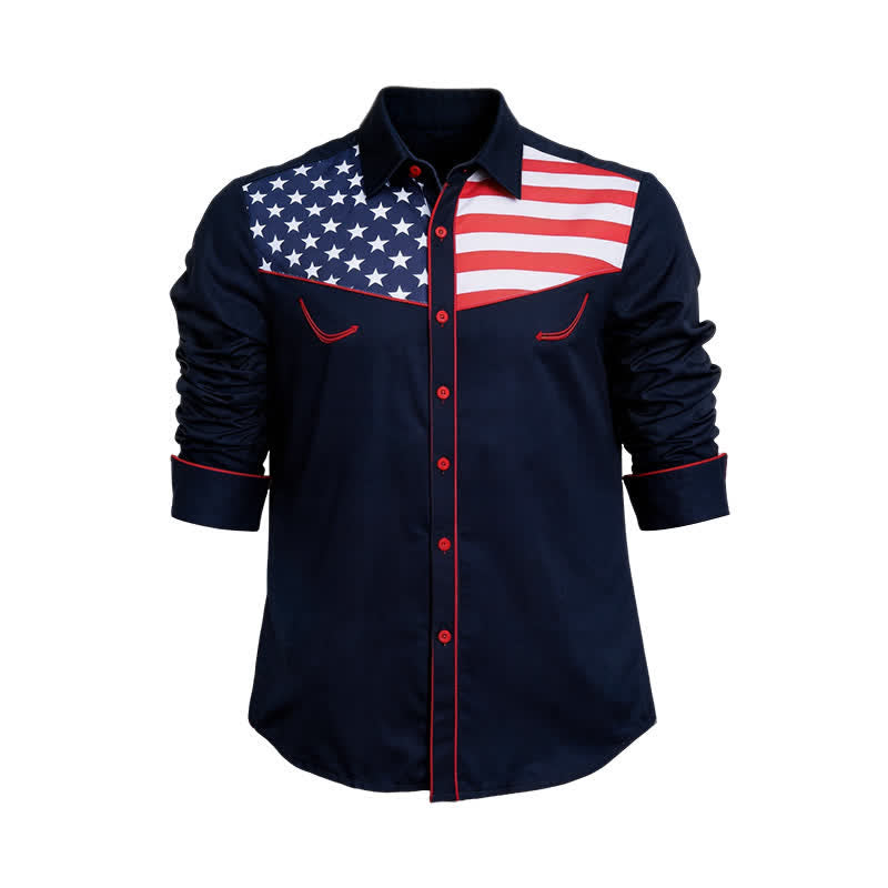 Men's Western USA Flag Pattern Yoke Button-Down Shirt - image 12