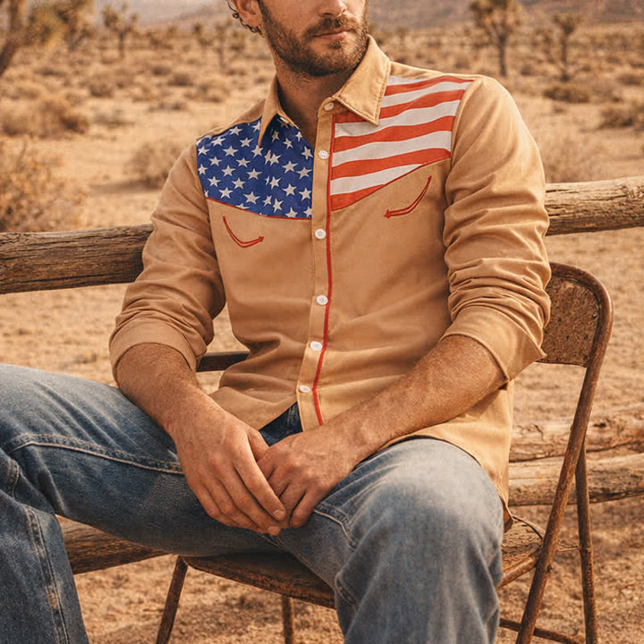 Men's Western USA Flag Pattern Yoke Button-Down Shirt - Khaki - 5XL - image 4