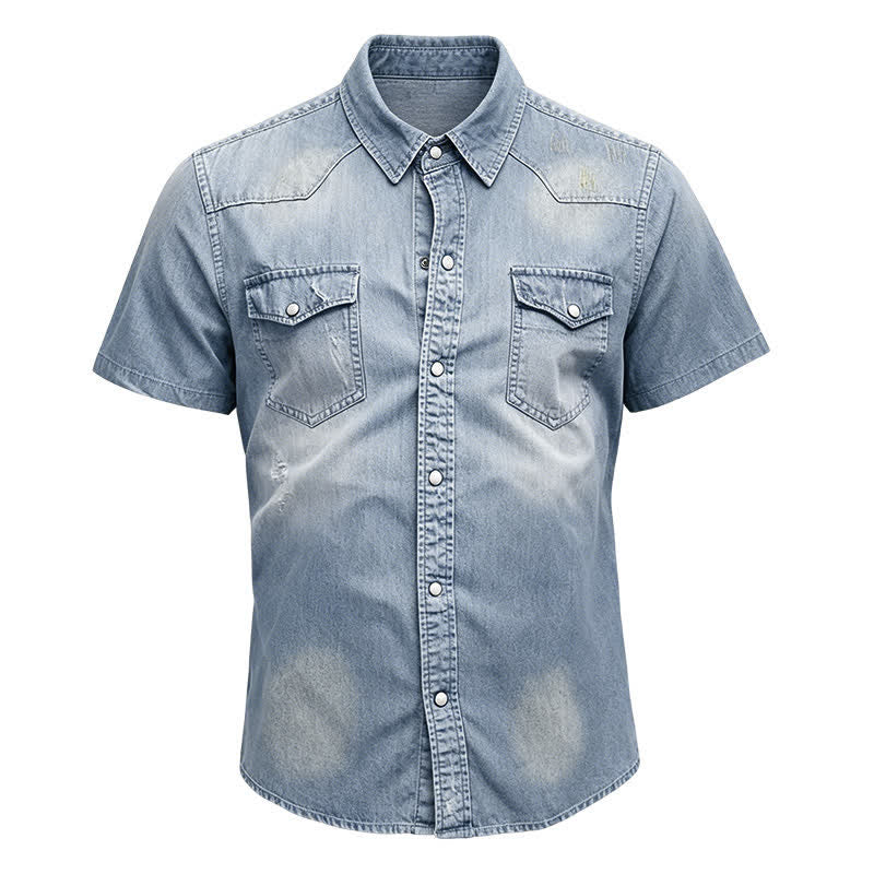 Men's Vintage Washed Short Sleeves Western Denim Shirt - image 13