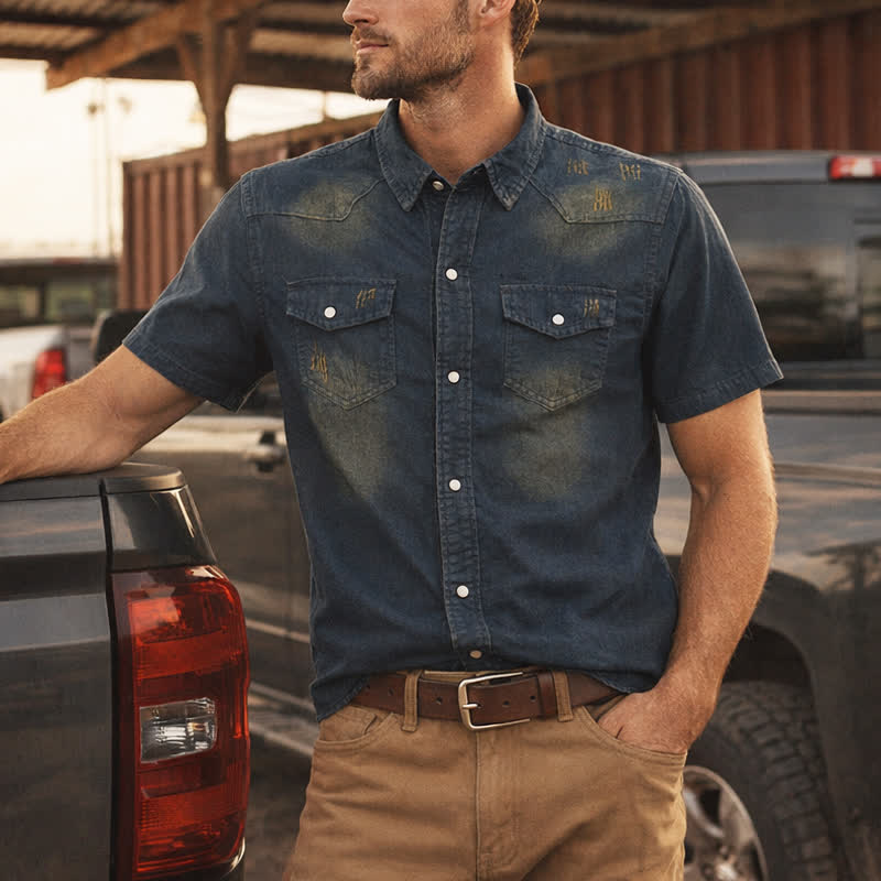 Men's Vintage Washed Short Sleeves Western Denim Shirt - Dark Blue - 3XL - image 0