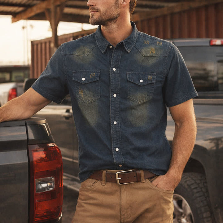 Men's Vintage Washed Short Sleeves Western Denim Shirt - Dark Blue - 3XL - image 0