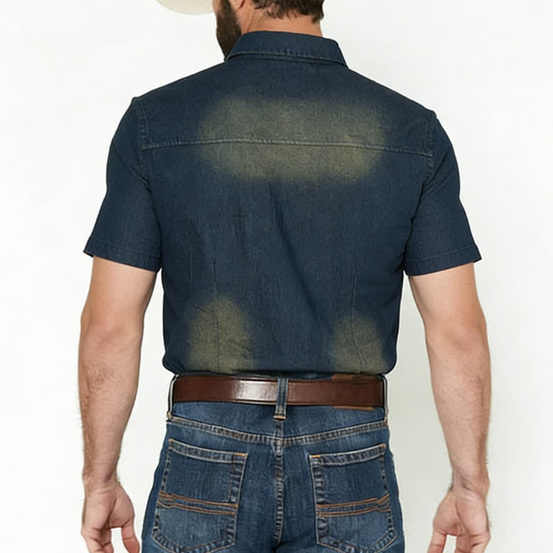 Men's Vintage Washed Short Sleeves Western Denim Shirt - image 2
