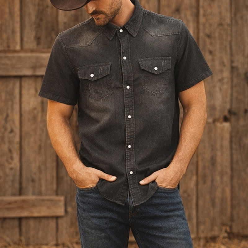 Men's Vintage Washed Short Sleeves Western Denim Shirt - Dark Gray - 3XL - image 4